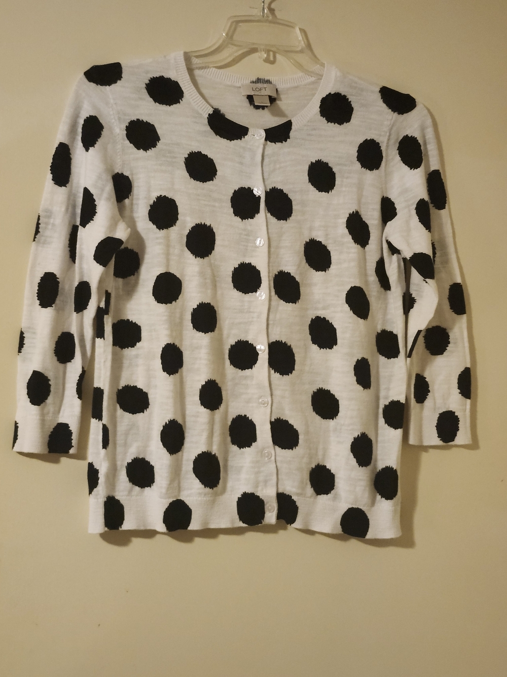 LOFT Preppy White Button Front Cardigan with Black Polka Dots L